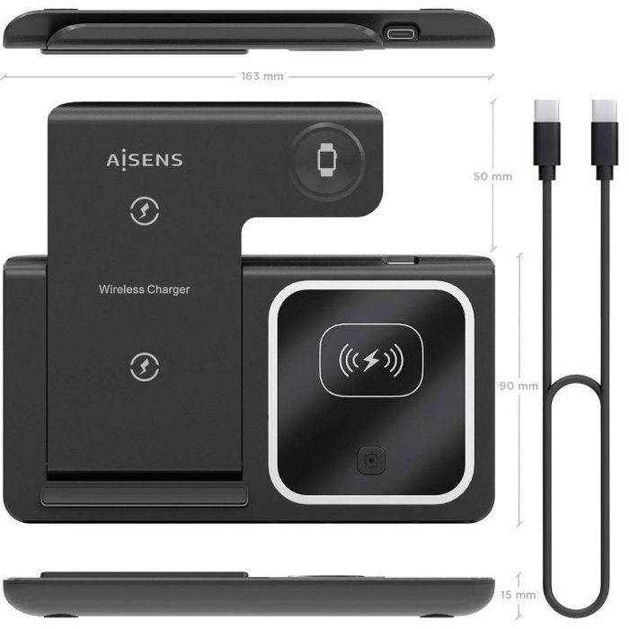 Aisens Cargador Inalámbrico 3 en 1 de 15W USB-C Negro